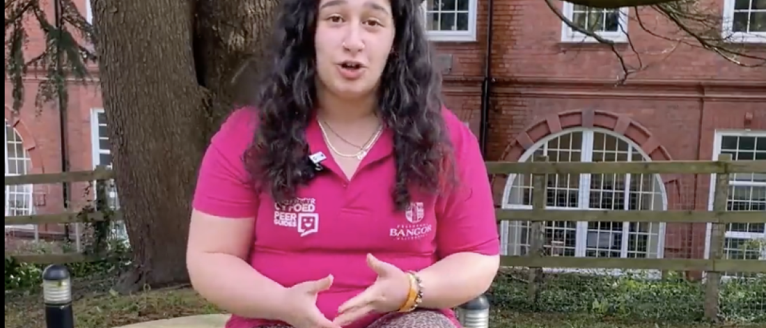 Portrait of a student with long brown hair in a bright pink tshirt sitting on a table with a tree and buildings behind her. Her hand are gesticulating.
