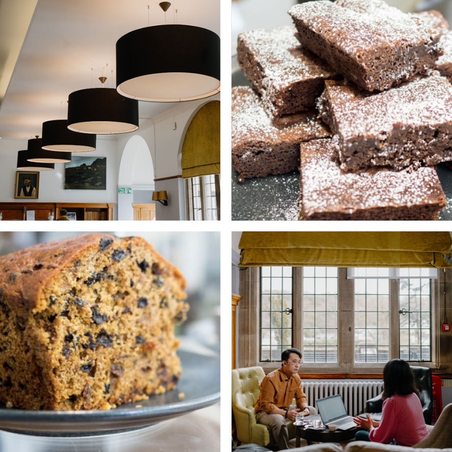 Top-left: A row of large black drum-style pendant lights hanging in a high-ceilinged room with arched doorways in Teras. Top-right: A close-up stack of chocolate brownies dusted with powdered sugar. Bottom-left: A close-up slice of bara brith. Bottom-right: Two people sitting in armchairs facing each other by a large window in Teras, with a laptop open on a table between them.