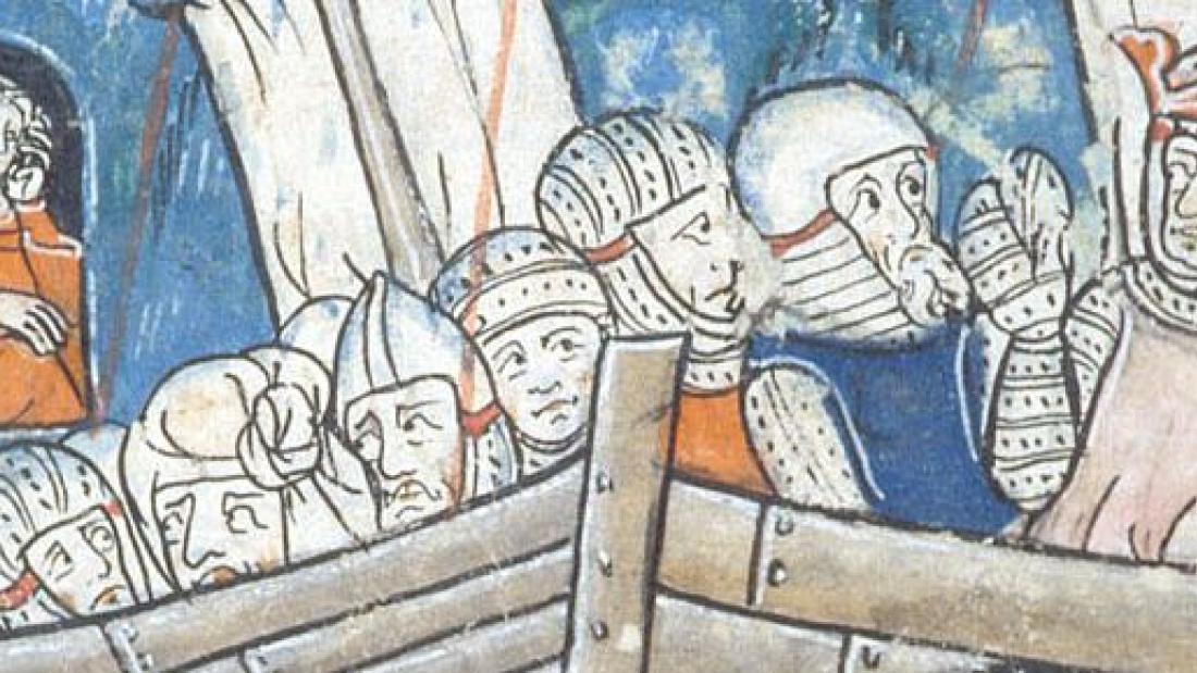 A manuscript illustration  og knights in mail and a king in a boat