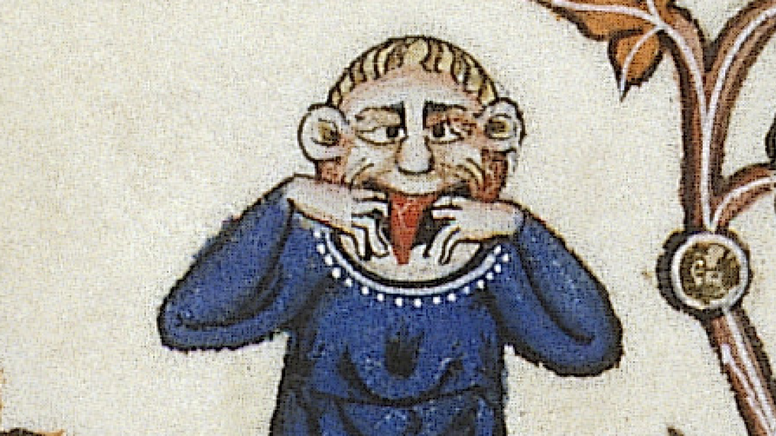 Medieval manuscript showing strange creature pulling his tongue out