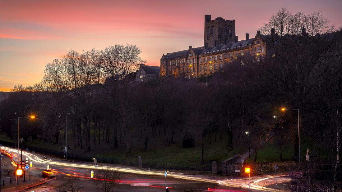 Showing the Main Arts Building of Bangor University at night