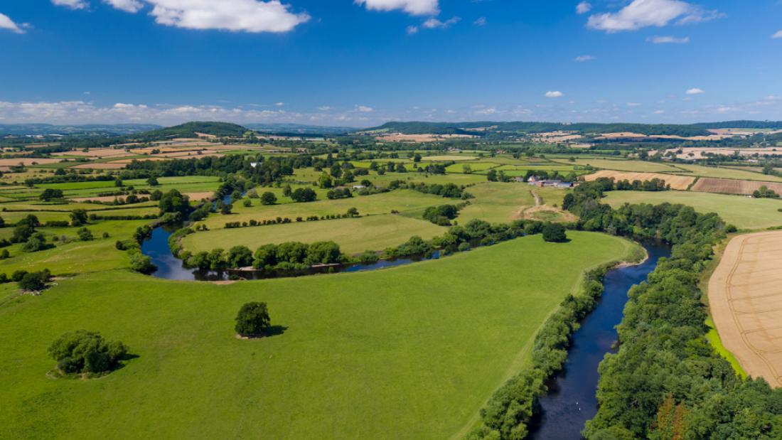 Aerial View Of Green English Farm Fields In Herefordshire