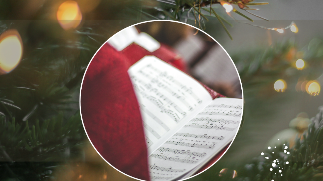 Picture of a musical score on a Christmassy background