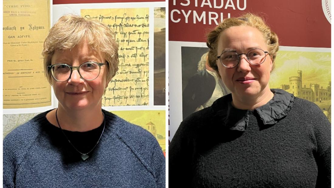 two photographs next to each other, each showing Hannah Jones and Daisy Hughes standing next to the ISWE banner
