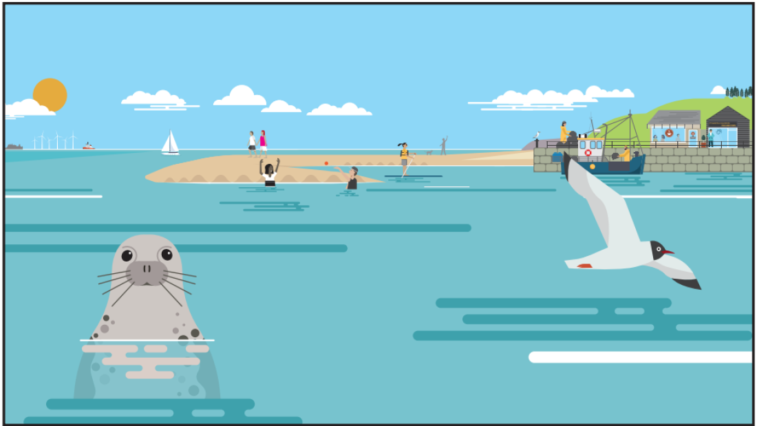 Cartoon image of seaside with people swimming 