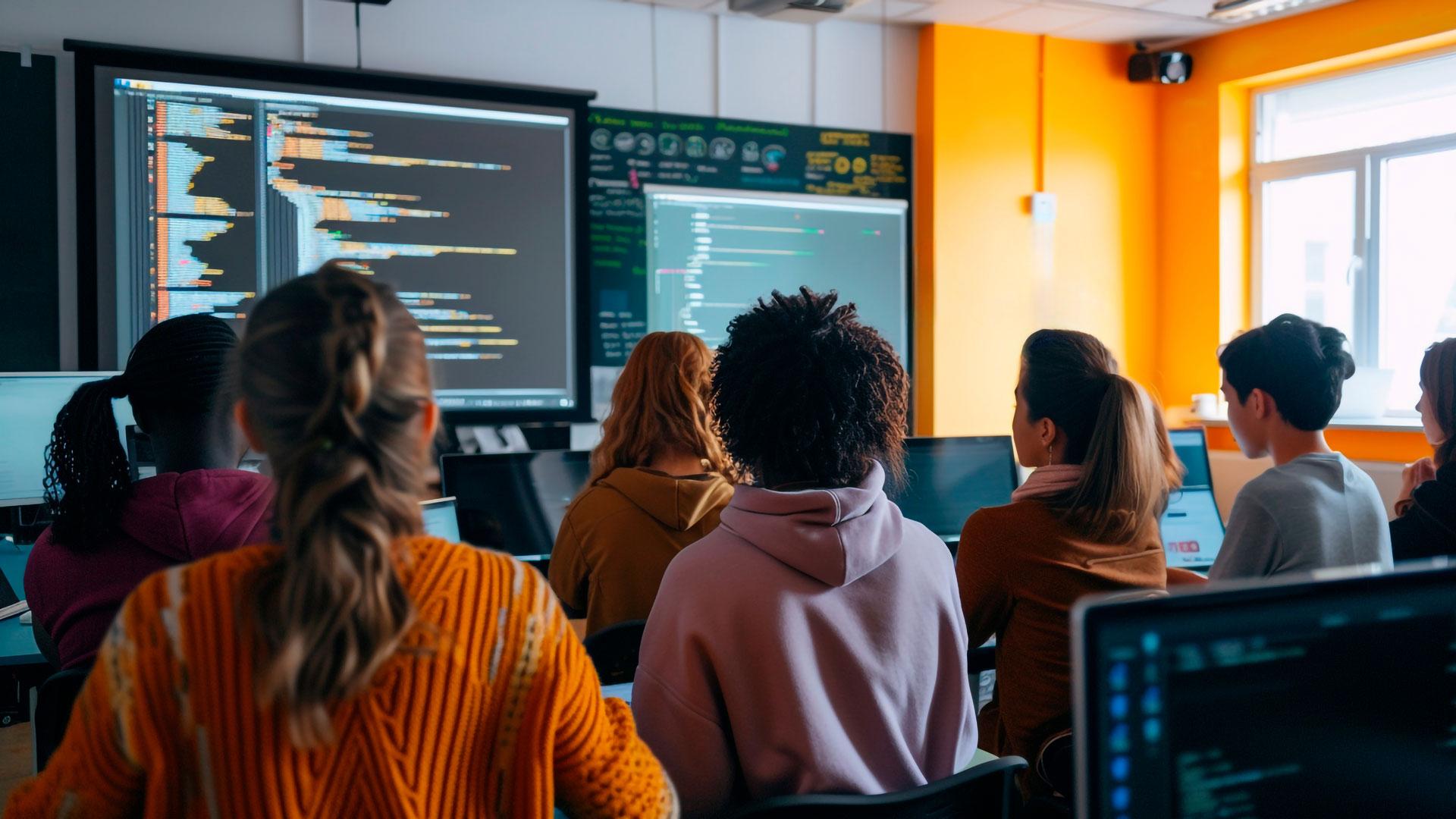 Students looking at a screen in a lecture