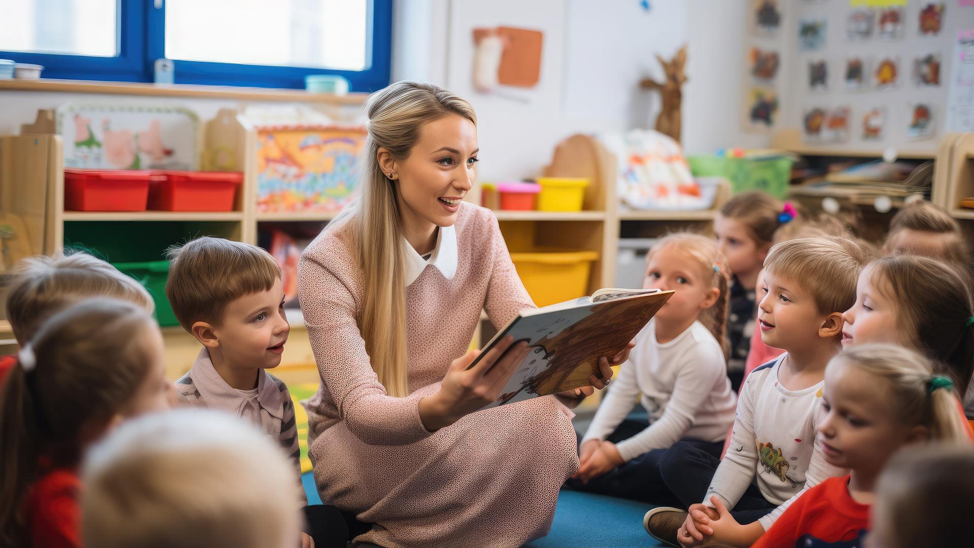 Primary school teacher reading a book to children