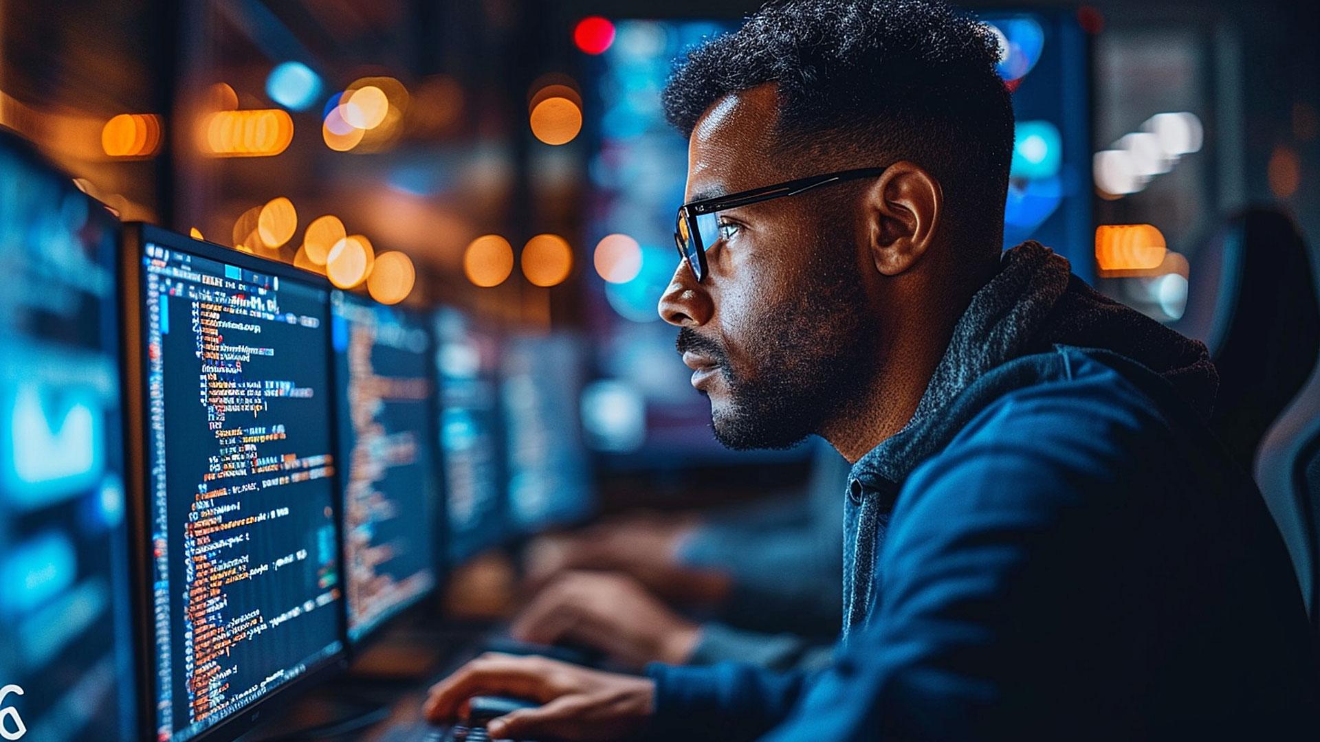 Student looking at computer code on a screen