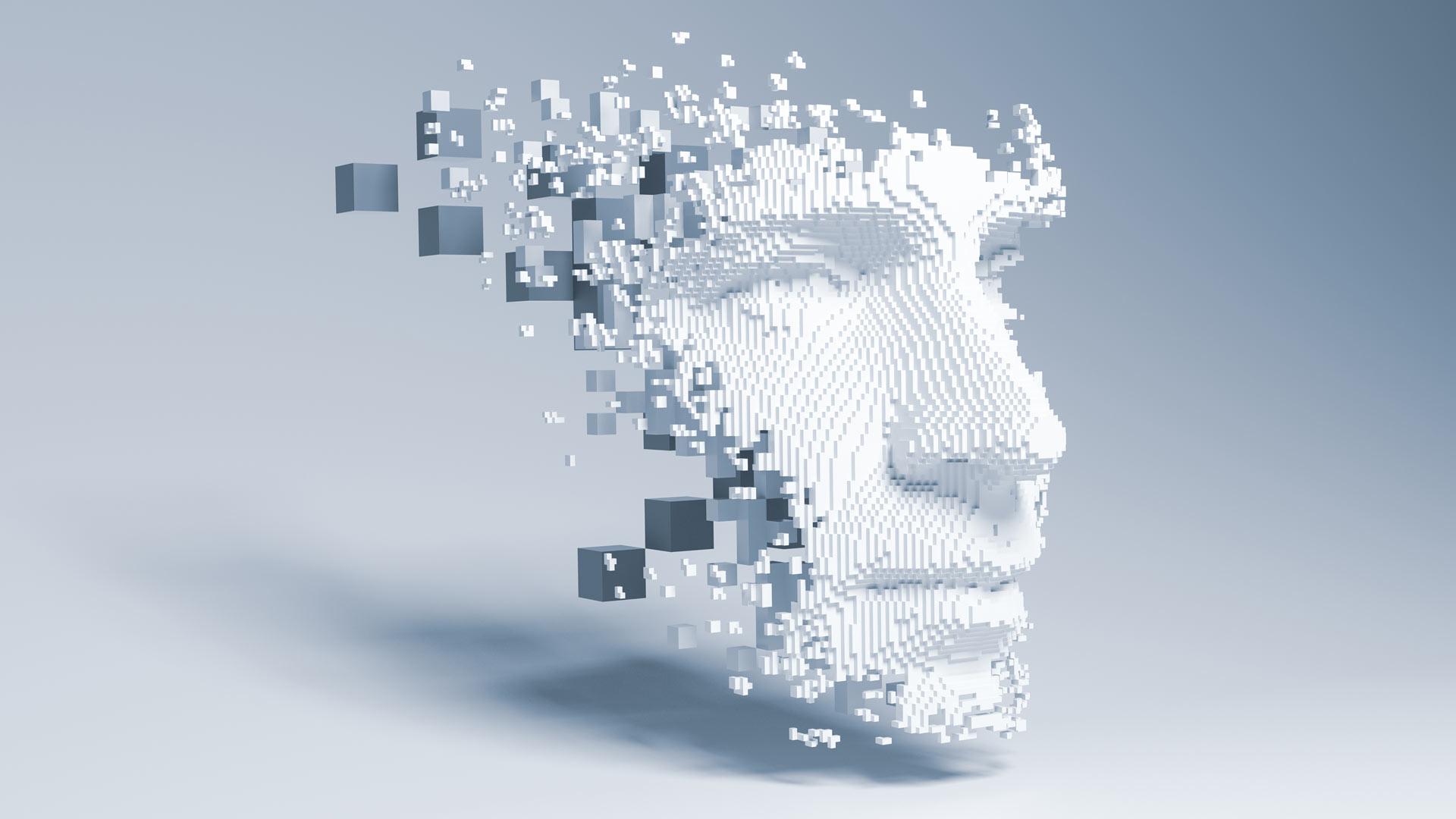 Artificial Intelligence represented by a depiction of a human face made of white blocks