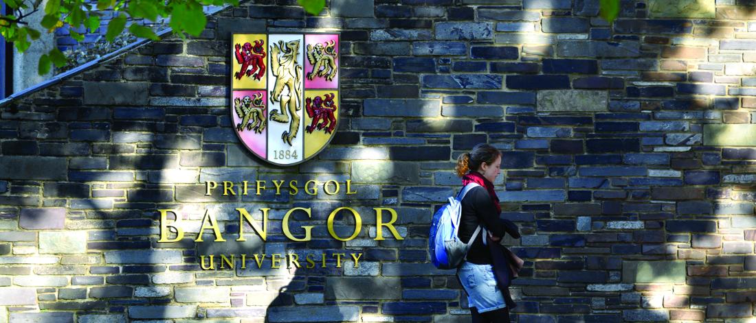 Student walking past the University crest on the wall at main arts