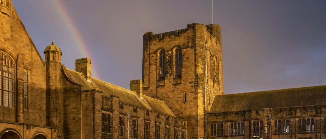 Bangor University Inner Quad with rainbow in background