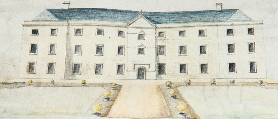 A watercolour illustration of a country house