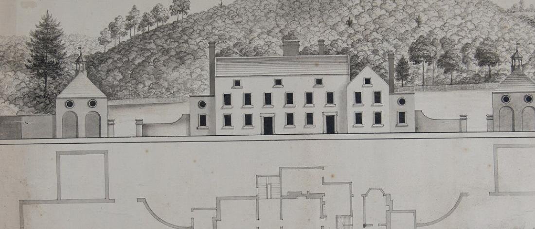 Architectural drawing of a country house, including elevation and plan