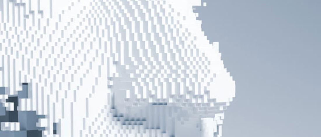 Artificial Intelligence - represented by a face mad up of multiple white blocks