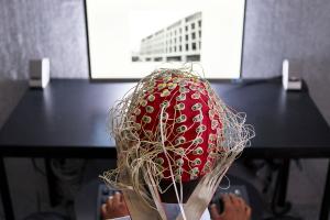 Volunteer participating in an experiment on brain activity