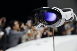 APPLE mixed reality headset on a stand