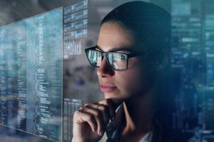 Lady browsing screens of complex computer code