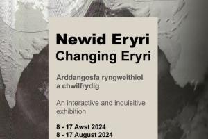 Posteri du a gwyn, yn hyrwyddo digwyddiad Newid Eryri/Newid Eryri, gyda'r manylion angenrheidiol yn Gymraeg a Saesneg
