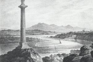 Illustration of the Anglesey Column with the Menai Straight in the Background