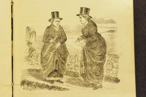 Illustration of two women in traditional dress with top hats. 