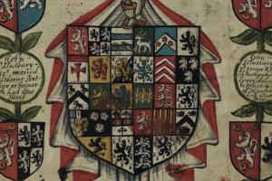 Colourful shield-of-arms of the Salesbury family of Rhug and Bachymbyd, with many quarterings.