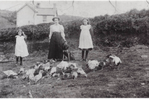 An old, black and white photograph of a woman and two girls with a dog and several chickens