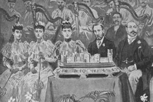 Illustration of a family group with a model of Penrhyn Castle in front of them