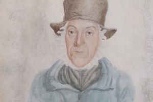 Watercolour painting of a woman wearing blue clothes and a black hat.