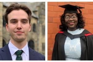 Image of Bangor Business School graduates Abimbola Adetonwa on the left and Dylan Davies on the right hand side 