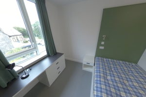 bedroom with desk, single bed and green accent wall