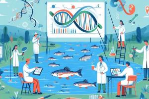 a graphic of scientists, fish in a lack and graphs  