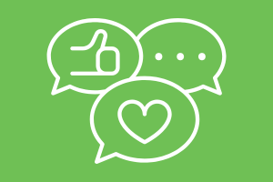 White icons of thumbs up, speech bubble, and heart for feedback on a green background.