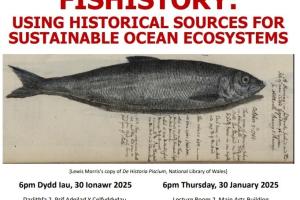 A poster regarding the upcoming research seminar, presented by Dr Alec Moore, with a painting of a fish in the middle