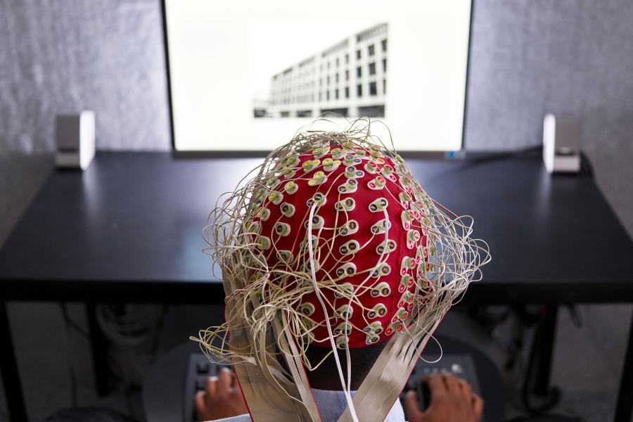 Volunteer participating in an experiment on brain activity