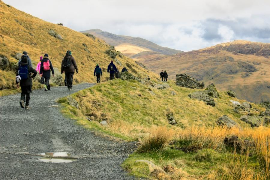 Students walking through Snowdonia on their field trip 