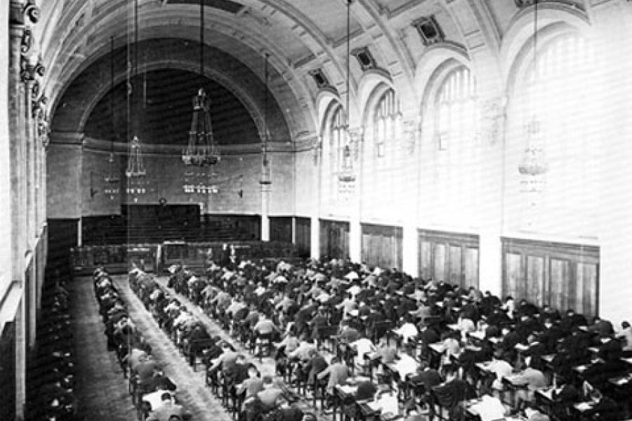 Old photo of exam being held in Pritchard Jones Hall, Bangor University 