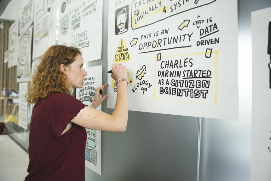  Girl writes on large poster