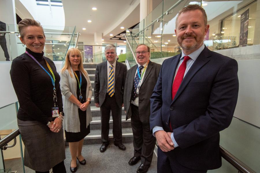 Cambria’s Chief Executive Yana Williams, Principal Sue Price, Vice Chancellor of Bangor University, Professor Iwan Davies, Cambria Governor, Professor Tim Wheeler, and Jeremy Miles MS, Minister for Education and Welsh Language.