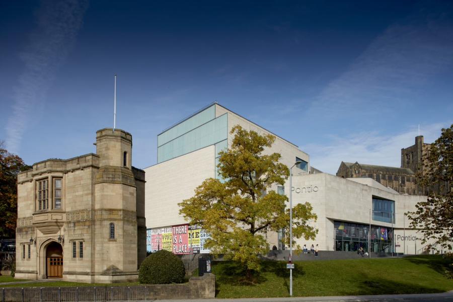 An image of Memorial arch, Main Arts and Pontio, Bangor University