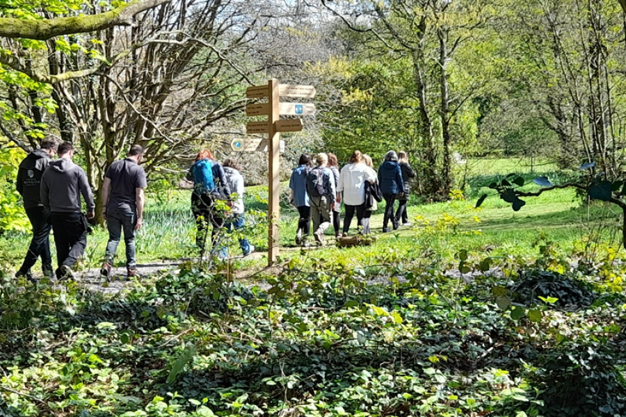 Photo of people walking through garden