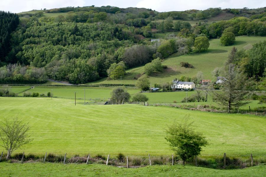 Mae ffermdy yn eistedd ung nghanol caeau gwurdd ac o dan bryn coediog.