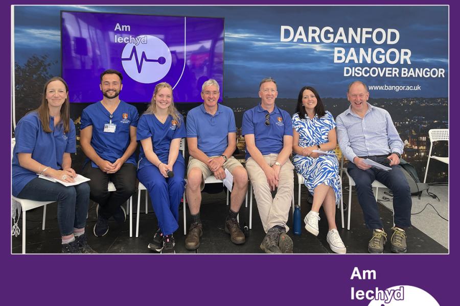 Seven people sit in a row in a purple frame below which are the words Ap Iechyd (for health) and the podcast logo.