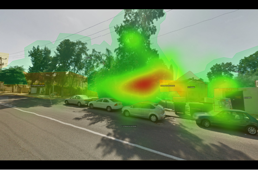  a bus stop is obscured by green and red, marking where people are looking at the build environment