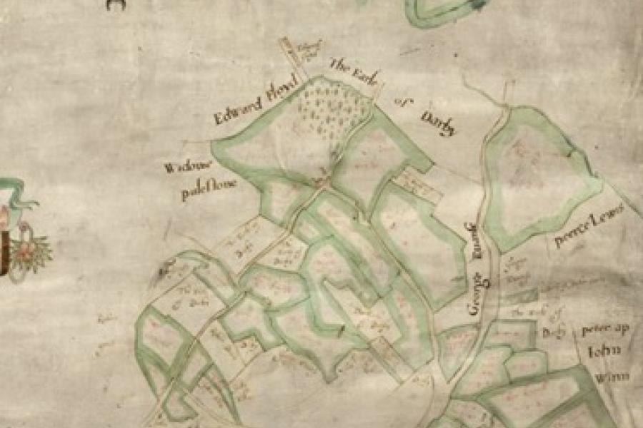 Extract from an historic map with field boundaries highlighted in green and a hand-drawn compass.