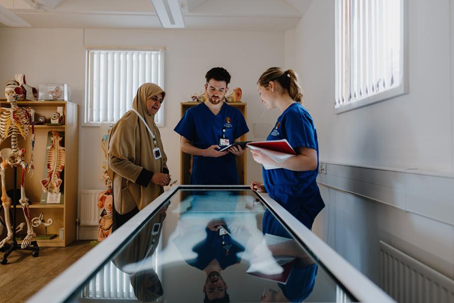 Students and lecturer in North Wales Human Anatomy Centre 