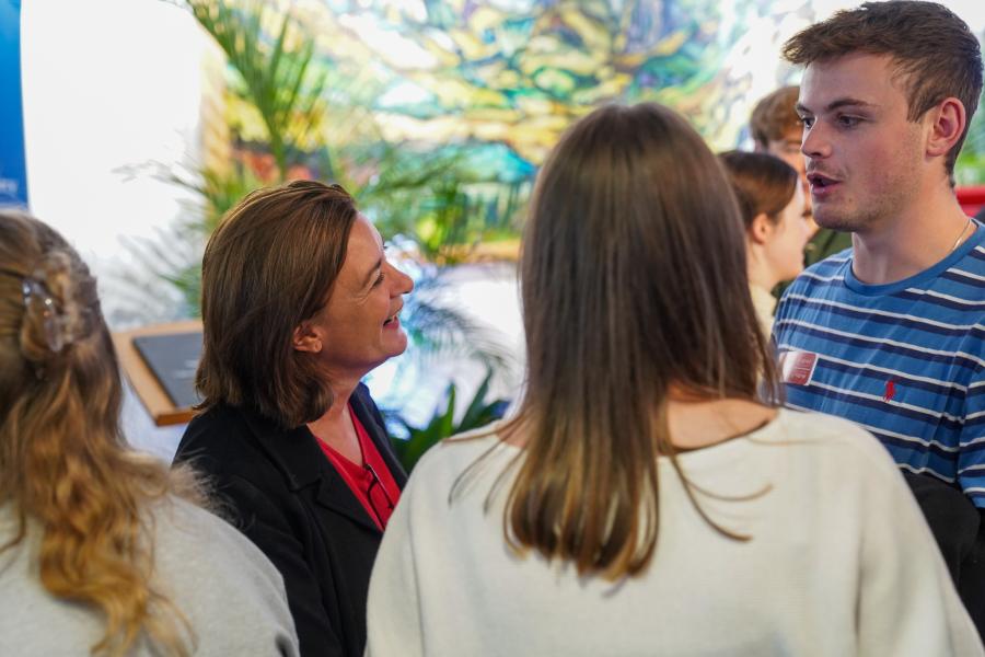 First Minister Eluned Morgan chatting with medical students during the launch of the North Wales Medical School