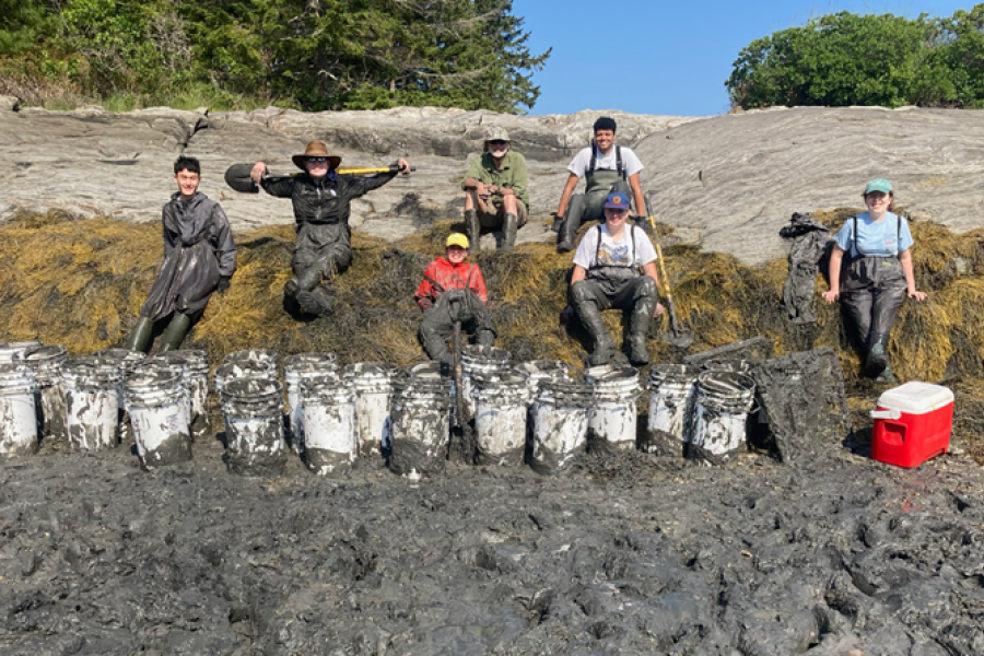 Summer 2021 Schiller Coastal Studies Center student research fellows, all helped collect sediment so that seagrass could be planted within experimental tanks. Left to right: Jared Lynch, Liam Healy, Fiona Ralph, David Carlon, Eban Charles, Sadie McClean, and Bridget Patterson