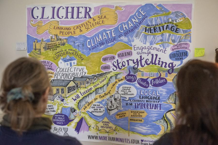 Image shows the back of two women standing in front of a graphic poster