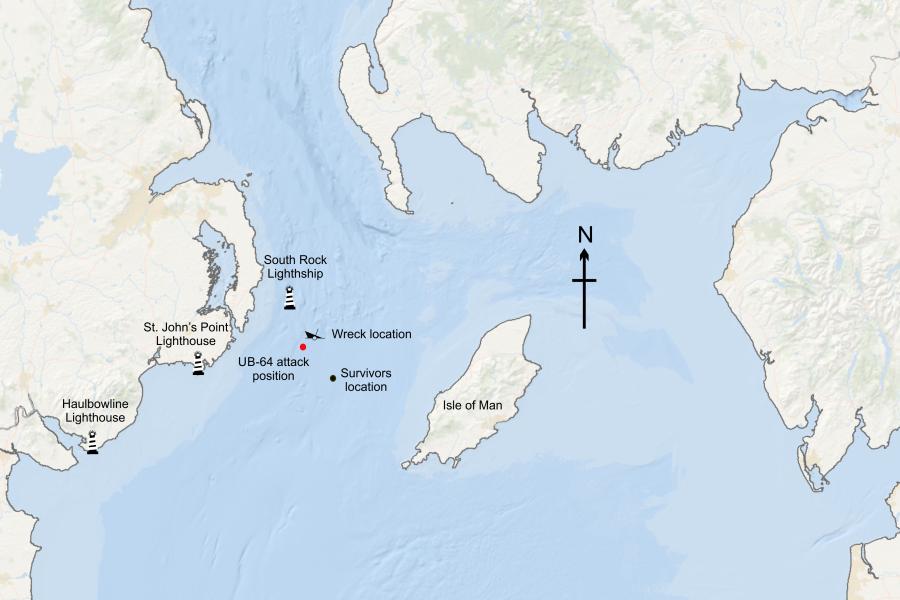 Map of the Irish Sea illustrating the wreck location, the recorded U-boat position at the time of the attack and location where the surviving sailors were picked up.  The lighthouse locations are referred to in the U-boat war diary. 