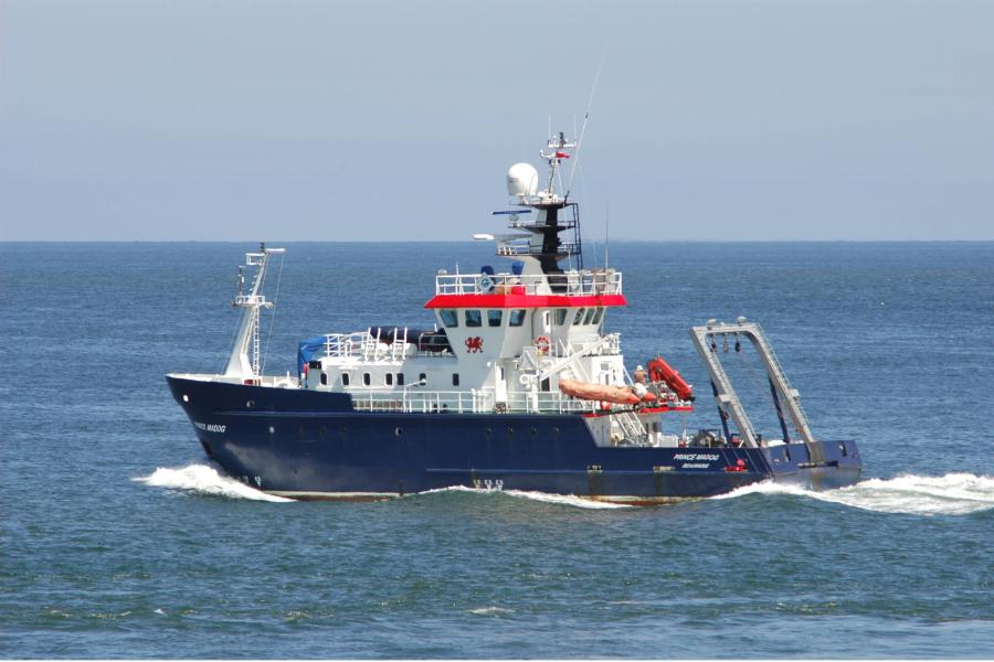 Bangor University’s Research Vessel ‘Prince Madog’ – a 35m purpose-built survey ship, containing an integrated multibeam system which was used to collect sonar data from the wreck site. 